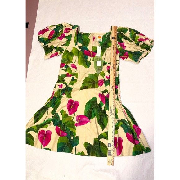 Farm Rio Anthurium Leaves Dress‎ Puff Sleeve Square Neck Linen Blend Size L - Picture 9 of 14